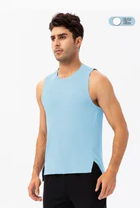Close-up of light blue quick-dry sports tank top with functional side slit design
