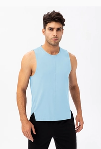 Detail of light blue sleeveless athletic tank top featuring a crew neck and side split hem
