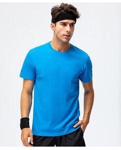 Detail view of a men's loose fit bright blue cotton t-shirt for sports and team events