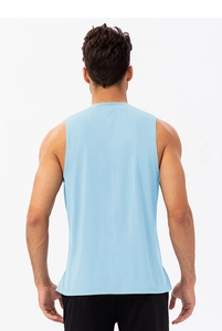 Back view of light blue sleeveless athletic shirt showing breathable mesh fabric texture