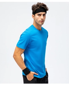 Side view of royal blue cotton sports t-shirt for men with a classic round neckline