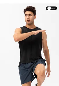 Close-up of black sleeveless quick-dry sports tank top with side slit and breathable fabric