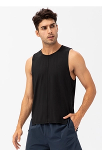 Close-up of moisture-wicking men's sports tank top with vertical seam and breathable fabric