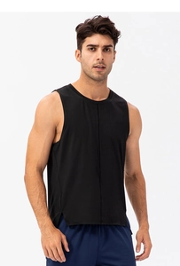 Detailed close-up of breathable black sports tank top with side slit and round neckline