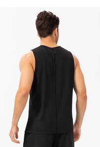 Rear view detail of breathable black quick-dry men's sports tank top with back seam