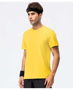 Detail of bright yellow cotton t-shirt for men showing round neck and athletic fabric