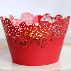Elegant red laser-cut cupcake wrappers with rose patterns for wedding and party decor