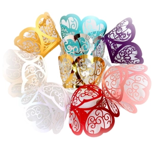 Laser cut heart cupcake liners in multiple metallic colors for wedding decoration