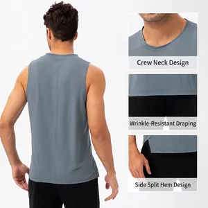 Men's grey quick-dry sports tank top featuring crew neck and side split hem details