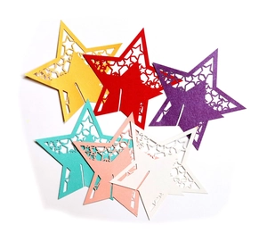 Laser cut star shaped place cards in six colors for weddings and festive party table decor