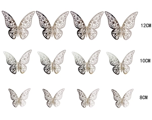 Set of 12 hollow 3D butterfly wall stickers in three sizes 8cm 10cm 12cm silver