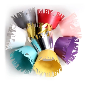 Laser cut baby bottle cupcake wrappers in assorted colors for themed party decoration