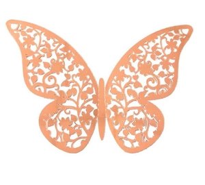 Detail of rose gold 3D hollow butterfly wall sticker with intricate floral patterns