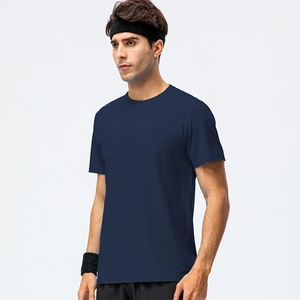 Classic dark blue crew neck cotton t-shirt for men in a relaxed athletic fit