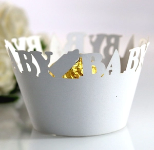 Laser-cut white cupcake wrapper with BABY bottle design and heart pattern for parties
