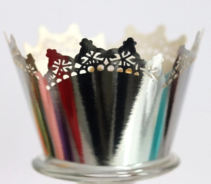 Golden crown laser-cut cupcake wrappers with reflective mirror finish for party decor