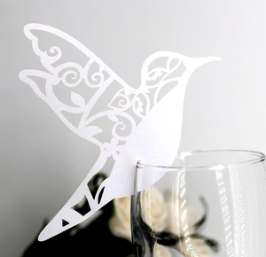 Elegant white laser-cut hummingbird glass card for wedding and party table decoration