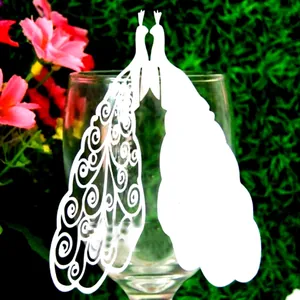 Laser-cut peacock white paper place card for wine glasses with hollow design