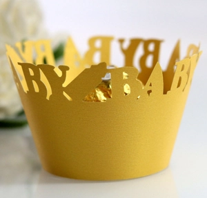 Golden laser-cut cupcake wrappers with BABY hollow design for baby shower party favors
