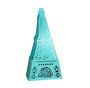 Eiffel Tower light blue laser-cut favor box with pearlescent floral hollow patterns