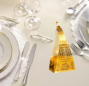 Laser cut golden Eiffel Tower wedding favor box with rose patterns for party candies