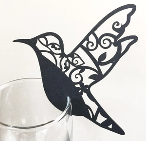 Laser-cut black hummingbird place card for wedding party glass rim decoration