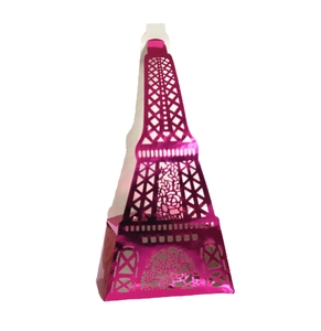 Detailed laser-cut hollow Eiffel Tower candy box in metallic pink for wedding favors