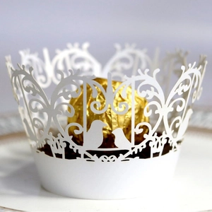 Pirottino per cupcake bianco tagliato al laser con motivo a uccello per decoro nuziale