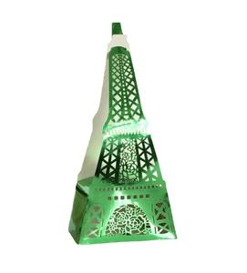 Detailed laser-cut Eiffel Tower favor box in green metallic finish for weddings