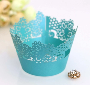 Cyan laser-cut cupcake wrapper with floral lace patterns for wedding party decor