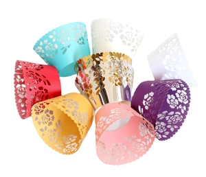 Laser cut rose flower cupcake wrappers in multicolor set for wedding cake decoration