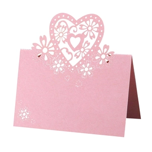 Pink heart laser cut hollow place cards for wedding guest seating and table decorations