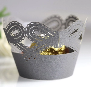 Detailed laser-cut silver vine pattern cupcake wrapper with matte finish for parties