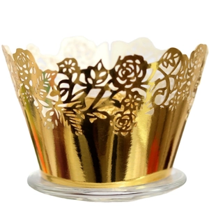 Elegante pirottino per cupcake dorato tagliato al laser con motivo a rose e finitura metallica