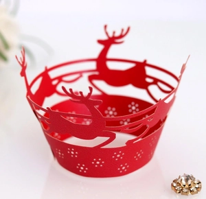 Detail showing laser-cut red reindeer and snowflake hollow design for Christmas cake wraps