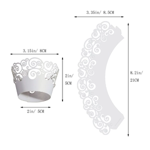 White hollow lace cupcake wrappers with elegant vine patterns and size dimensions