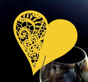 Laser cut yellow heart wine glass card with intricate lace pattern for wedding decor