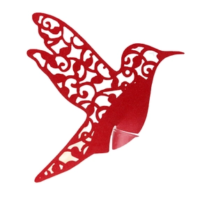 Red laser-cut hummingbird place card for wine glasses with elegant hollow patterns