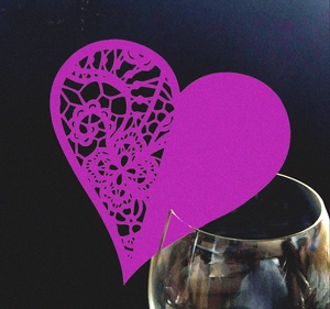 Purple heart-shaped laser cut lace card for wine glass wedding table decoration