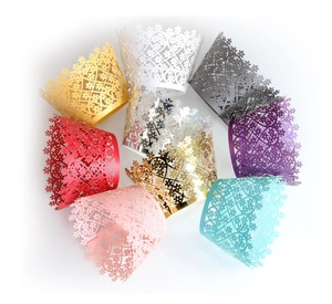 Laser cut hollow flower lace cupcake wrappers in multiple metallic colors for wedding decor