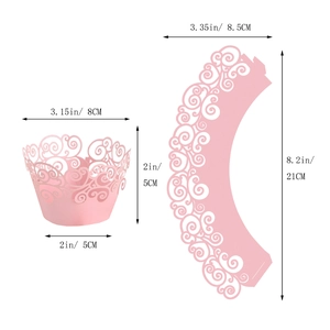 Pink laser-cut lace cupcake wrappers with elegant filigree pattern for party baking