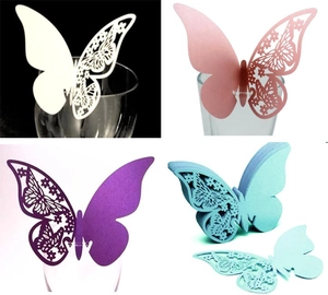 Laser cut butterfly place cards in four colors for wedding wine glass decoration