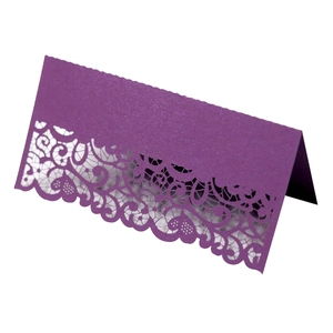 Elegant deep purple laser cut lace place card with pearlescent finish for wedding events