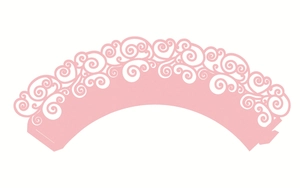 Flat view of pink laser-cut cupcake wrappers with elegant hollowed cloud pattern