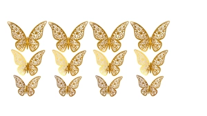 Set of 12 golden 3D hollow butterfly wall stickers with intricate laser-cut floral patterns