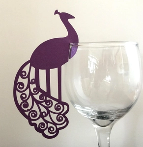 Elegant purple peacock laser-cut paper place card for wedding glass decoration