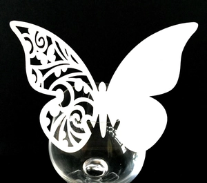 Laser cut white butterfly place card for wedding wine glass decoration with hollow wing
