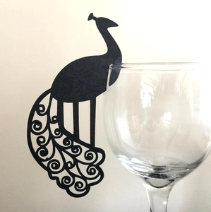 Elegant laser-cut peacock place card in black paper for wedding glass decoration