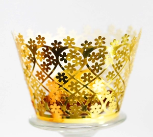 Golden laser cut cupcake wrappers with hollow floral pattern for wedding decoration