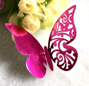 Magenta laser reflective 3D hollow butterfly wall sticker for wedding table decoration